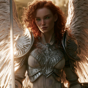 AI-generated holy archangel art — beautiful divine female angels with massive feathered wings and golden halos in cinematic celestial settings. UHD by Jeff Dupler.