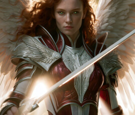 AI-generated holy archangel art — beautiful divine female angels with massive feathered wings and golden halos in cinematic celestial settings. UHD by Jeff Dupler.