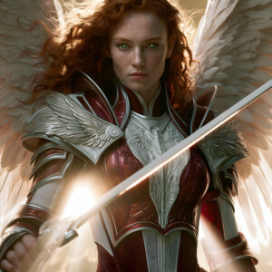 AI-generated holy archangel art — beautiful divine female angels with massive feathered wings and golden halos in cinematic celestial settings. UHD by Jeff Dupler.