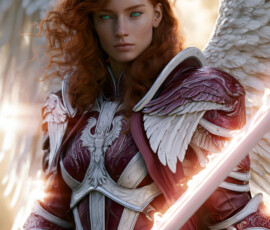 AI-generated holy archangel art — beautiful divine female angels with massive feathered wings and golden halos in cinematic celestial settings. UHD by Jeff Dupler.