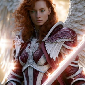 AI-generated holy archangel art — beautiful divine female angels with massive feathered wings and golden halos in cinematic celestial settings. UHD by Jeff Dupler.