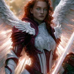 AI-generated holy archangel art — beautiful divine female angels with massive feathered wings and golden halos in cinematic celestial settings. UHD by Jeff Dupler.