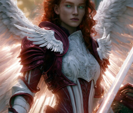 AI-generated holy archangel art — beautiful divine female angels with massive feathered wings and golden halos in cinematic celestial settings. UHD by Jeff Dupler.
