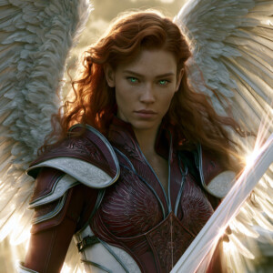 AI-generated holy archangel art — beautiful divine female angels with massive feathered wings and golden halos in cinematic celestial settings. UHD by Jeff Dupler.
