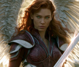AI-generated holy archangel art — beautiful divine female angels with massive feathered wings and golden halos in cinematic celestial settings. UHD by Jeff Dupler.