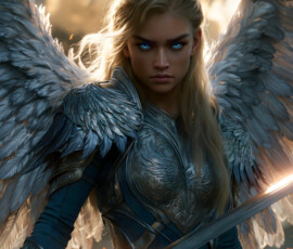 AI-generated holy archangel art — beautiful divine female angels with massive feathered wings and golden halos in cinematic celestial settings. UHD by Jeff Dupler.