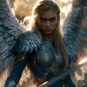 AI-generated holy archangel art — beautiful divine female angels with massive feathered wings and golden halos in cinematic celestial settings. UHD by Jeff Dupler.