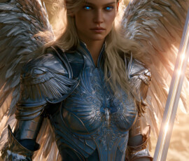 AI-generated holy archangel art — beautiful divine female angels with massive feathered wings and golden halos in cinematic celestial settings. UHD by Jeff Dupler.
