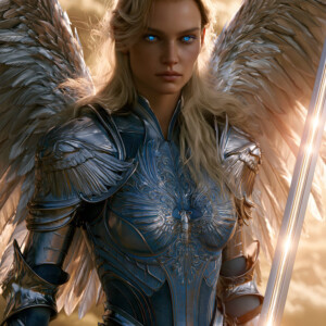 AI-generated holy archangel art — beautiful divine female angels with massive feathered wings and golden halos in cinematic celestial settings. UHD by Jeff Dupler.