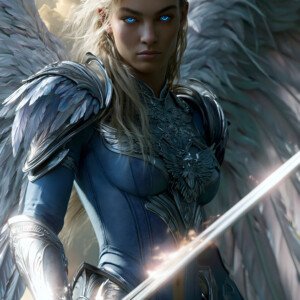 AI-generated holy archangel art — beautiful divine female angels with massive feathered wings and golden halos in cinematic celestial settings. UHD by Jeff Dupler.