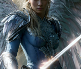 AI-generated holy archangel art — beautiful divine female angels with massive feathered wings and golden halos in cinematic celestial settings. UHD by Jeff Dupler.