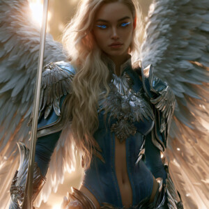 AI-generated holy archangel art — beautiful divine female angels with massive feathered wings and golden halos in cinematic celestial settings. UHD by Jeff Dupler.