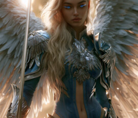 AI-generated holy archangel art — beautiful divine female angels with massive feathered wings and golden halos in cinematic celestial settings. UHD by Jeff Dupler.