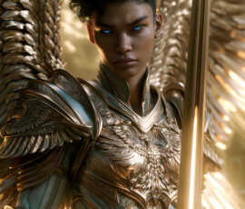AI-generated holy archangel art — beautiful divine female angels with massive feathered wings and golden halos in cinematic celestial settings. UHD by Jeff Dupler.