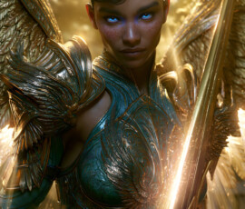 AI-generated holy archangel art — beautiful divine female angels with massive feathered wings and golden halos in cinematic celestial settings. UHD by Jeff Dupler.