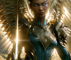 AI-generated holy archangel art — beautiful divine female angels with massive feathered wings and golden halos in cinematic celestial settings. UHD by Jeff Dupler.