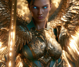 AI-generated holy archangel art — beautiful divine female angels with massive feathered wings and golden halos in cinematic celestial settings. UHD by Jeff Dupler.