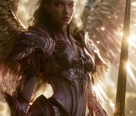 AI-generated holy archangel art — beautiful divine female angels with massive feathered wings and golden halos in cinematic celestial settings. UHD by Jeff Dupler.