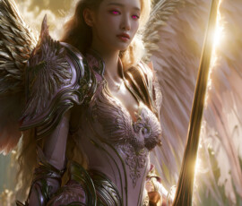 AI-generated holy archangel art — beautiful divine female angels with massive feathered wings and golden halos in cinematic celestial settings. UHD by Jeff Dupler.