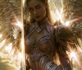 AI-generated holy archangel art — beautiful divine female angels with massive feathered wings and golden halos in cinematic celestial settings. UHD by Jeff Dupler.