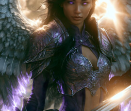 AI-generated holy archangel art — beautiful divine female angels with massive feathered wings and golden halos in cinematic celestial settings. UHD by Jeff Dupler.