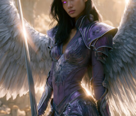 AI-generated holy archangel art — beautiful divine female angels with massive feathered wings and golden halos in cinematic celestial settings. UHD by Jeff Dupler.