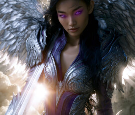AI-generated holy archangel art — beautiful divine female angels with massive feathered wings and golden halos in cinematic celestial settings. UHD by Jeff Dupler.