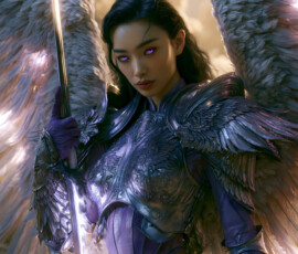 AI-generated holy archangel art — beautiful divine female angels with massive feathered wings and golden halos in cinematic celestial settings. UHD by Jeff Dupler.
