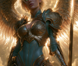 AI-generated holy archangel art — beautiful divine female angels with massive feathered wings and golden halos in cinematic celestial settings. UHD by Jeff Dupler.