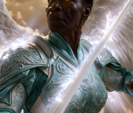 AI-generated holy archangel art — beautiful divine female angels with massive feathered wings and golden halos in cinematic celestial settings. UHD by Jeff Dupler.