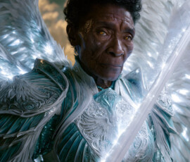 AI-generated holy archangel art — beautiful divine female angels with massive feathered wings and golden halos in cinematic celestial settings. UHD by Jeff Dupler.