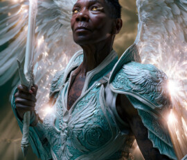 AI-generated holy archangel art — beautiful divine female angels with massive feathered wings and golden halos in cinematic celestial settings. UHD by Jeff Dupler.