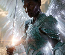AI-generated holy archangel art — beautiful divine female angels with massive feathered wings and golden halos in cinematic celestial settings. UHD by Jeff Dupler.