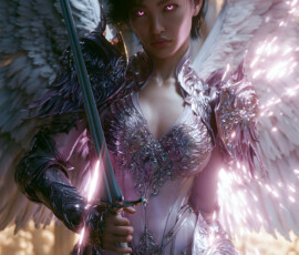 AI-generated holy archangel art — beautiful divine female angels with massive feathered wings and golden halos in cinematic celestial settings. UHD by Jeff Dupler.