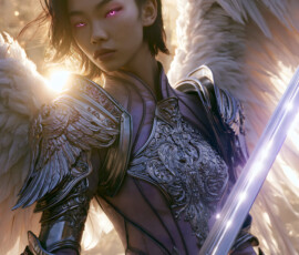 AI-generated holy archangel art — beautiful divine female angels with massive feathered wings and golden halos in cinematic celestial settings. UHD by Jeff Dupler.
