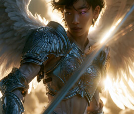 AI-generated holy archangel art — beautiful divine female angels with massive feathered wings and golden halos in cinematic celestial settings. UHD by Jeff Dupler.