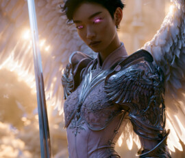 AI-generated holy archangel art — beautiful divine female angels with massive feathered wings and golden halos in cinematic celestial settings. UHD by Jeff Dupler.