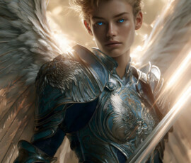 AI-generated holy archangel art — beautiful divine female angels with massive feathered wings and golden halos in cinematic celestial settings. UHD by Jeff Dupler.