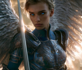 AI-generated holy archangel art — beautiful divine female angels with massive feathered wings and golden halos in cinematic celestial settings. UHD by Jeff Dupler.
