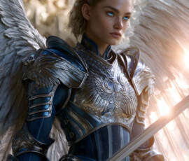 AI-generated holy archangel art — beautiful divine female angels with massive feathered wings and golden halos in cinematic celestial settings. UHD by Jeff Dupler.