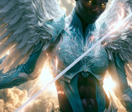 AI-generated holy archangel art — beautiful divine female angels with massive feathered wings and golden halos in cinematic celestial settings. UHD by Jeff Dupler.