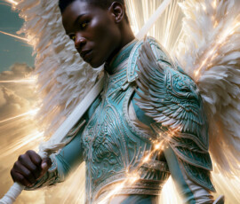 AI-generated holy archangel art — beautiful divine female angels with massive feathered wings and golden halos in cinematic celestial settings. UHD by Jeff Dupler.