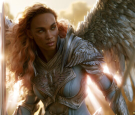 AI-generated holy archangel art — beautiful divine female angels with massive feathered wings and golden halos in cinematic celestial settings. UHD by Jeff Dupler.