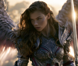 AI-generated holy archangel art — beautiful divine female angels with massive feathered wings and golden halos in cinematic celestial settings. UHD by Jeff Dupler.