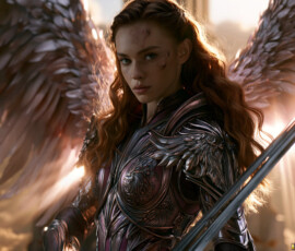 AI-generated holy archangel art — beautiful divine female angels with massive feathered wings and golden halos in cinematic celestial settings. UHD by Jeff Dupler.
