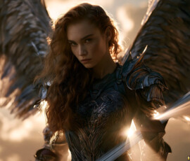 AI-generated holy archangel art — beautiful divine female angels with massive feathered wings and golden halos in cinematic celestial settings. UHD by Jeff Dupler.