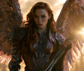 AI-generated holy archangel art — beautiful divine female angels with massive feathered wings and golden halos in cinematic celestial settings. UHD by Jeff Dupler.