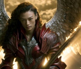 AI-generated holy archangel art — beautiful divine female angels with massive feathered wings and golden halos in cinematic celestial settings. UHD by Jeff Dupler.