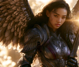 AI-generated holy archangel art — beautiful divine female angels with massive feathered wings and golden halos in cinematic celestial settings. UHD by Jeff Dupler.