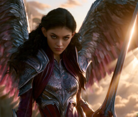 AI-generated holy archangel art — beautiful divine female angels with massive feathered wings and golden halos in cinematic celestial settings. UHD by Jeff Dupler.